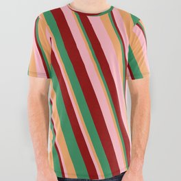 [ Thumbnail: Brown, Light Pink, Dark Red, and Sea Green Colored Lines/Stripes Pattern All Over Graphic Tee ]