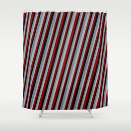 [ Thumbnail: Slate Gray, Dark Gray, Dark Red & Black Colored Stripes Pattern Shower Curtain ]