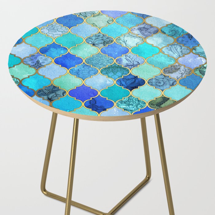 Cobalt Blue Aqua Gold Decorative Moroccan Tile Pattern Side Table By Micklyn Society6