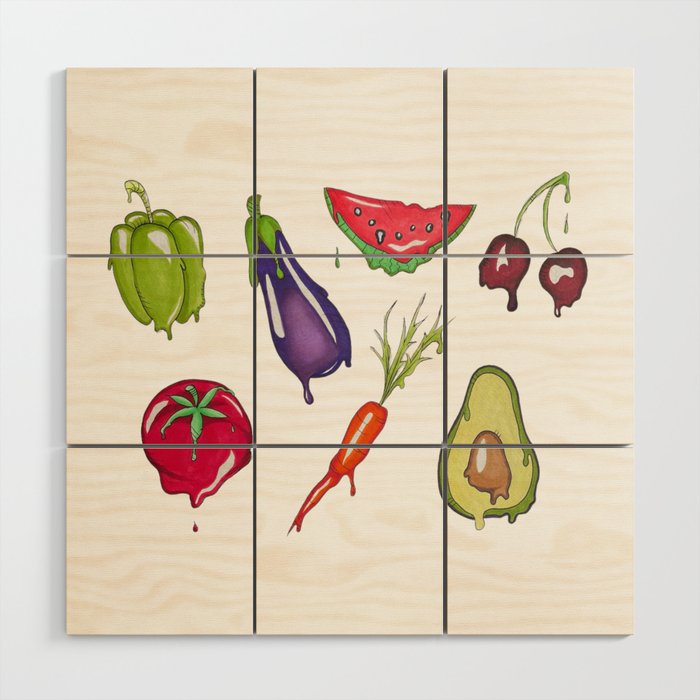 Trippy Melting Fruits and Vegetables - Hand Drawn Wood Wall Art