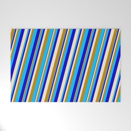 [ Thumbnail: Beige, Dark Goldenrod, Deep Sky Blue & Blue Colored Stripes Pattern Welcome Mat ]