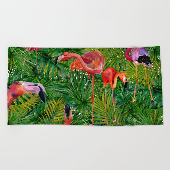 Aloha- Flamingo Bird Jungle Beach Towel
