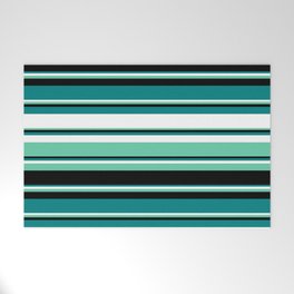 [ Thumbnail: Teal, White, Aquamarine & Black Colored Lined Pattern Welcome Mat ]