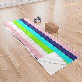[ Thumbnail: Pink, Midnight Blue, Cyan, Chartreuse, and White Colored Lined/Striped Pattern Yoga Towel ]