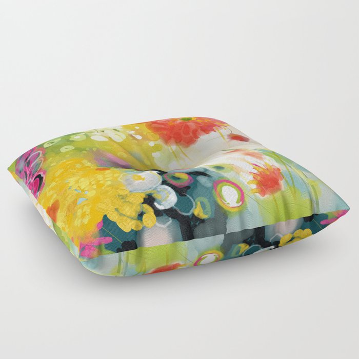 abstract floral art in yellow green and rose magenta colors Floor Pillow