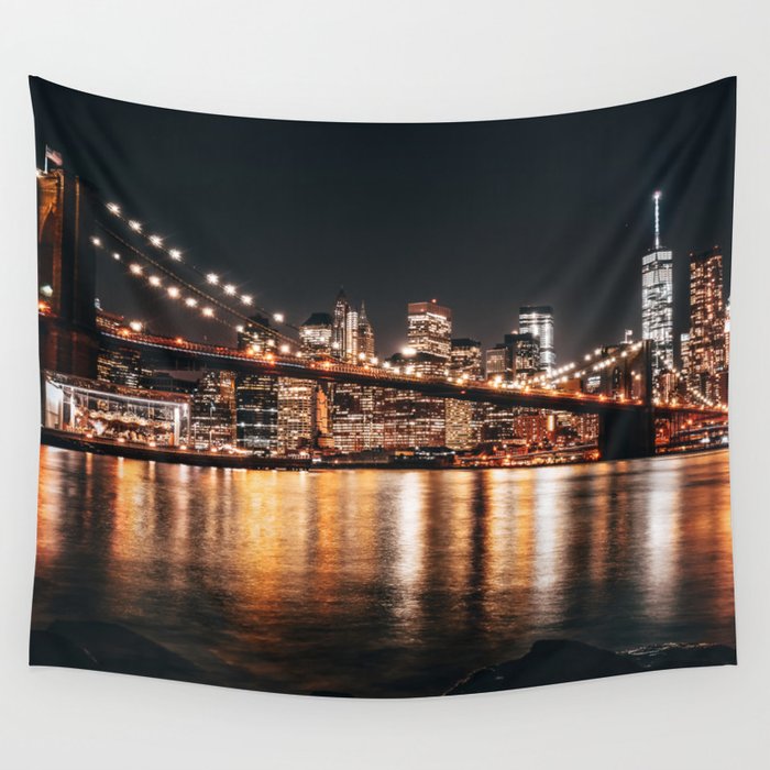 New York City Manhattan skyline and Brooklyn Bridge at night Wall Tapestry
