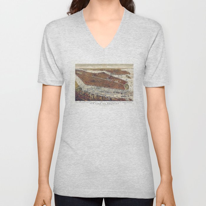Aerial View of New York and Brooklyn, with Jersey City and Hoboken water front (1877) V Neck T Shirt