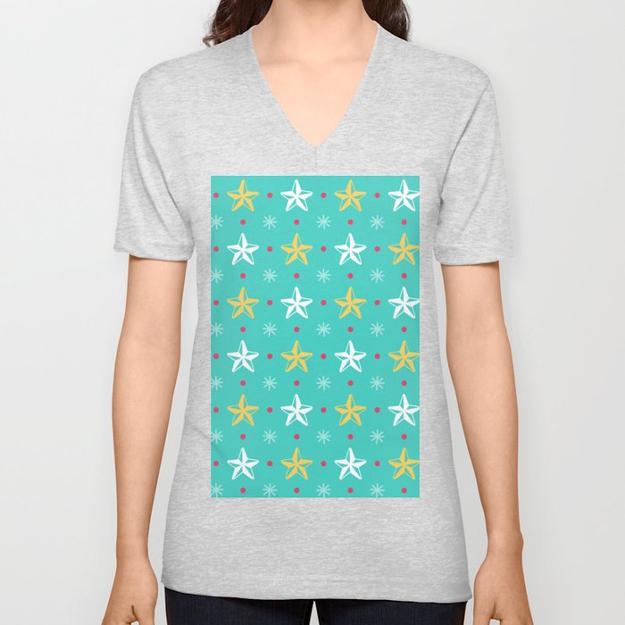 Christmas Pattern Yellow Blue Star Snowflake V Neck T Shirt