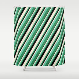 [ Thumbnail: Beige, Aquamarine, Sea Green, and Black Colored Lined/Striped Pattern Shower Curtain ]