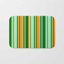 [ Thumbnail: Dark Orange, Dark Green, and Aquamarine Colored Stripes Pattern Bath Mat ]