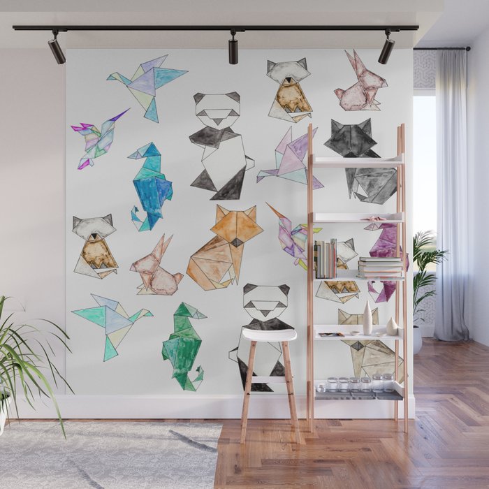 Cute Hand Drawn Geometric Paper Origami Animals Wall Mural