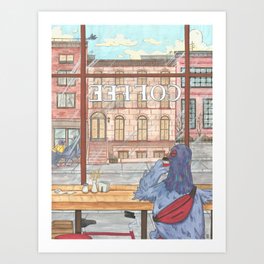 Pigeon coffeeshop - gouache illustration Art Print