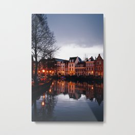 Photo of canal houses with lights at twilight on the Dutch canals of Leiden, The Netherlands | Fine Art Colorful Travel Photography | Art Print Metal Print