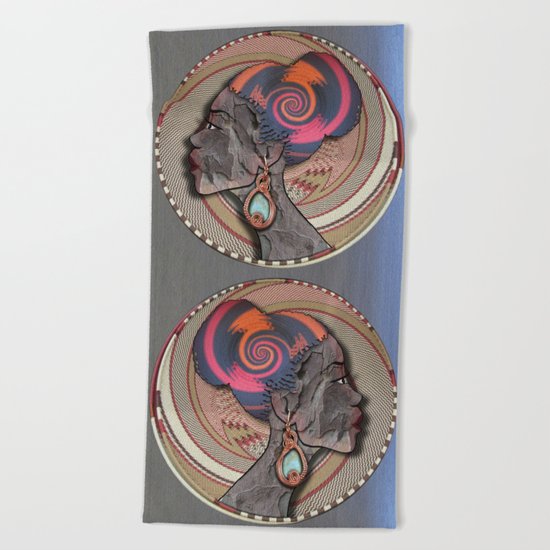African woman profile on a woven basket Beach Towel