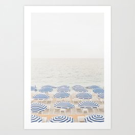 Blue Striped Umbrellas of the French Riviera | Nice, France beach photography Art Print