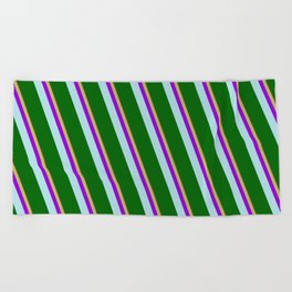 [ Thumbnail: Brown, Dark Khaki, Dark Violet, Powder Blue, and Dark Green Colored Lined/Striped Pattern Beach Towel ]