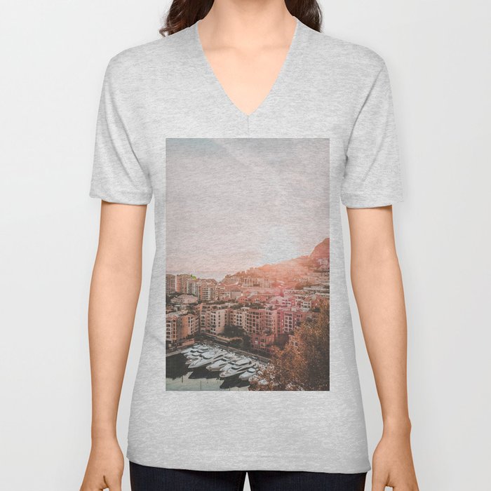 Monaco City Coast Sunset V Neck T Shirt