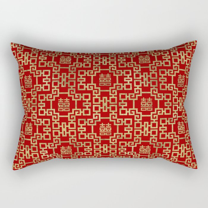 Chinese Pattern Double Happiness Symbol Gold on Red Rectangular Pillow