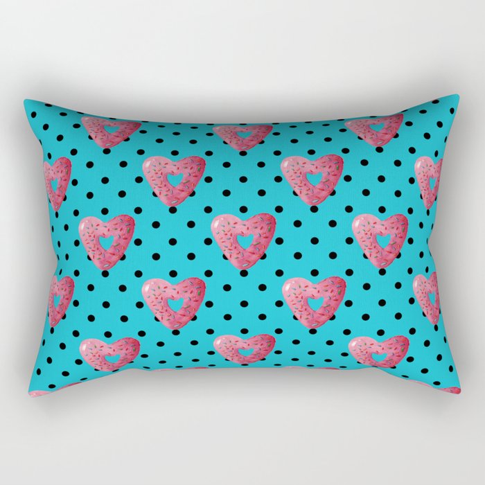 Pink plaid watercolor heart shaped donuts with polka dots on blue background Rectangular Pillow