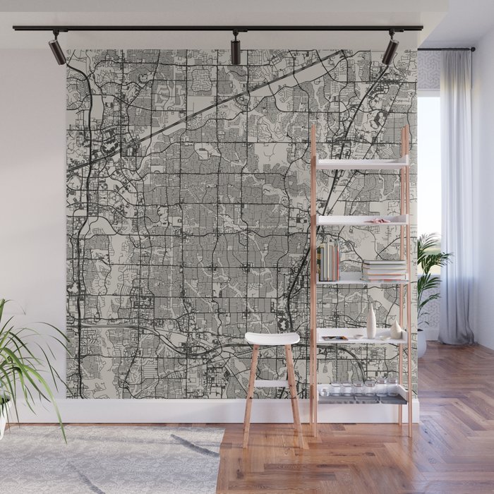 USA, Plano City Map Drawing - Black and White Wall Mural