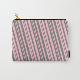 [ Thumbnail: Pink and Grey Colored Striped Pattern Carry-All Pouch ]