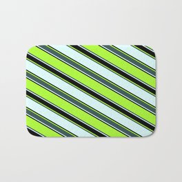 [ Thumbnail: Light Green, Dark Slate Gray, Light Cyan, and Black Colored Striped Pattern Bath Mat ]