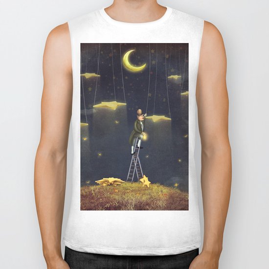 Man reaching for stars at top of tall ladder Biker Tank