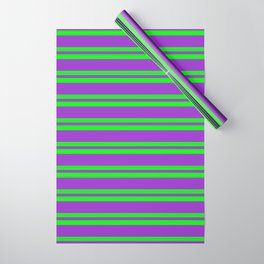 [ Thumbnail: Lime & Dark Orchid Colored Stripes Pattern Wrapping Paper ]