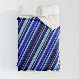 [ Thumbnail: Light Sky Blue, Blue & Black Colored Stripes/Lines Pattern Duvet Cover ]