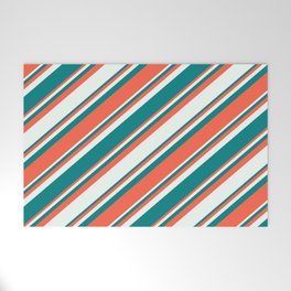 [ Thumbnail: Red, Mint Cream & Teal Colored Lines Pattern Welcome Mat ]