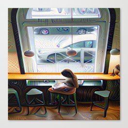 Waiting alone in the cafeteria watching the cars go by  Canvas Print