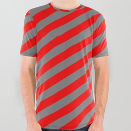 [ Thumbnail: Gray and Red Colored Lined/Striped Pattern All Over Graphic Tee ]