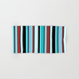[ Thumbnail: Brown, Dark Turquoise, Light Cyan, Sky Blue, and Black Colored Lines/Stripes Pattern Hand & Bath Towel ]