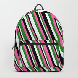 [ Thumbnail: Hot Pink, Forest Green, Mint Cream & Black Colored Stripes Pattern Backpack ]