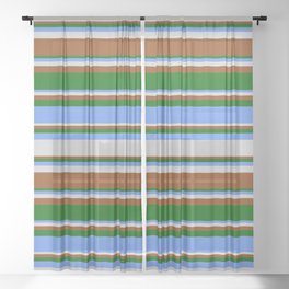 [ Thumbnail: Cornflower Blue, Light Grey, Brown & Dark Green Colored Pattern of Stripes Sheer Curtain ]