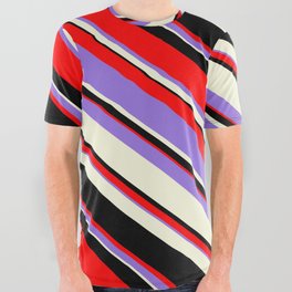 [ Thumbnail: Red, Purple, Beige & Black Colored Pattern of Stripes All Over Graphic Tee ]