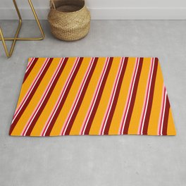 [ Thumbnail: Colorful Maroon, Orange, Light Pink, Crimson, and White Colored Lines/Stripes Pattern Rug ]