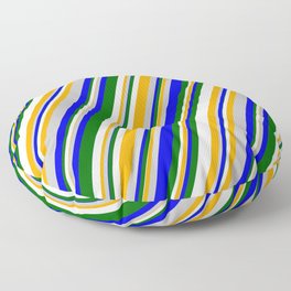 [ Thumbnail: Eyecatching Grey, Blue, Dark Green, White, and Orange Colored Stripes/Lines Pattern Floor Pillow ]