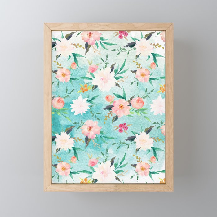 Turquoise Pink Watercolor Flower Pattern Framed Mini Art Print