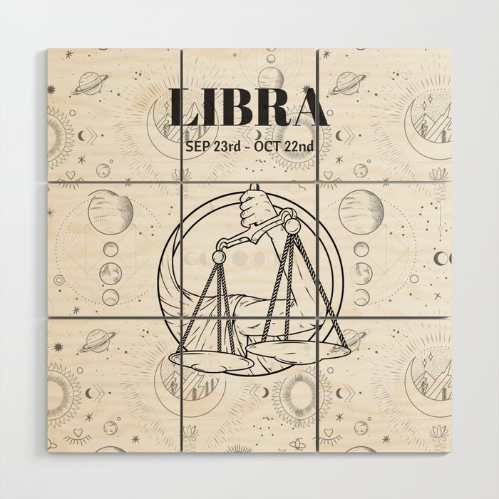 Libra Star Sign (Black and White) Wood Wall Art