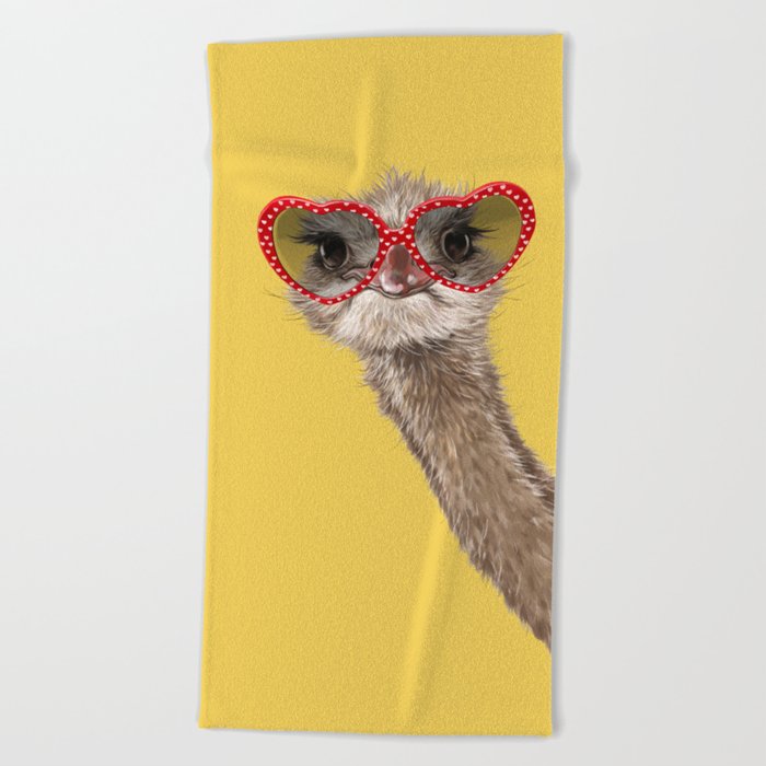 Fashion Hipster Ostrich in Yellow Beach Towel by Big Nose Work