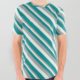 [ Thumbnail: Dark Grey, Mint Cream, and Dark Cyan Colored Lined Pattern All Over Graphic Tee ]