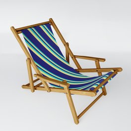 [ Thumbnail: Dark Turquoise, Tan, and Midnight Blue Colored Lines/Stripes Pattern Sling Chair ]