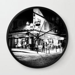 Café le Nazir (Montmartre; Paris) Wall Clock | France, Cafe, Night, Bistro, Neighborhood, Sidewalk, Summer, Ruedesabbesses, Evening, Black And White 