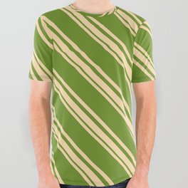[ Thumbnail: Tan and Green Colored Striped/Lined Pattern All Over Graphic Tee ]