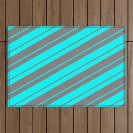 [ Thumbnail: Grey and Cyan Colored Lines/Stripes Pattern Outdoor Rug ]