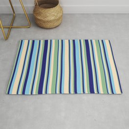[ Thumbnail: Bisque, Dark Sea Green, Midnight Blue, and Sky Blue Colored Stripes Pattern Rug ]
