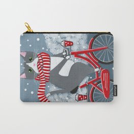 Grey Tuxedo Cat Winter Bicycle Ride Carry-All Pouch
