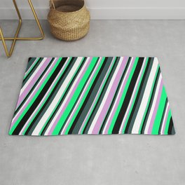 [ Thumbnail: Plum, Green, Black, Dark Slate Gray & White Colored Striped/Lined Pattern Rug ]