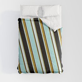 [ Thumbnail: Black, Dark Goldenrod, Turquoise & Mint Cream Colored Lined Pattern Comforter ]